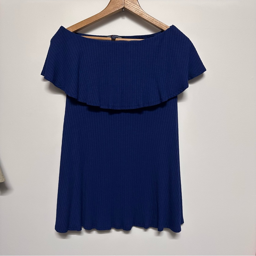 Off-Shoulder Ruffle Top in Deep Navy Lined Stretchy Fits Sm & Med Versatile